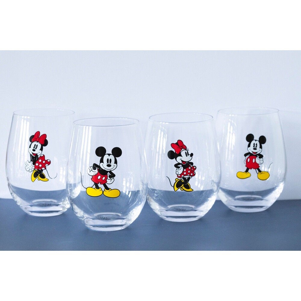 4 x Disney Mickey & Minnie Mouse Stemless Wine Glasses RARE Discontinued Classic